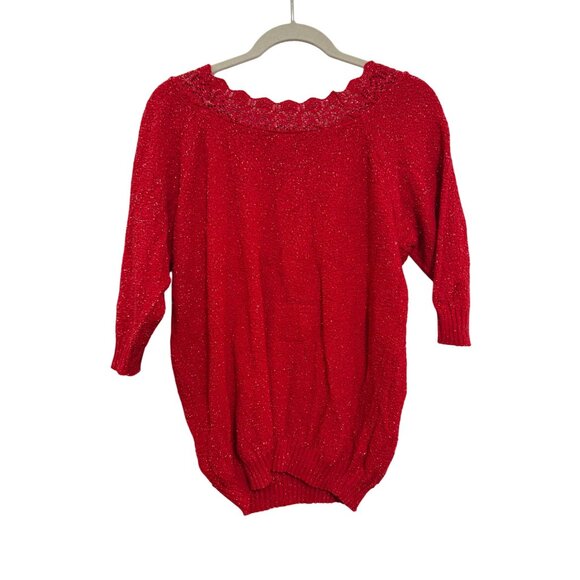 Vintage 90's Adele Knitwear Womens Sparkle Acrylic Lurex Sweater Red Crochet - Picture 2 of 5